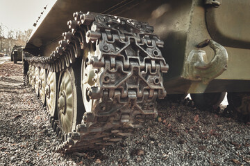 Russian military tank tracks close up view. Tank tracks rear view