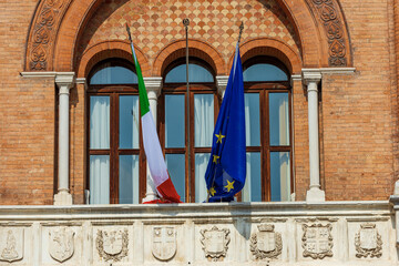 Treviso downtown. Closeup of the medieval palace called, Palazzo dei Trecento or Palazzo della Ragione, 1268. Town square called Piazza dei Signori, Veneto, Italy, Europe. © Alberto Masnovo
