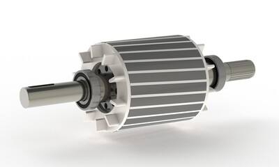Squirrel cage rotor, shaft and bearings used for asynchronous electric motor, 3d rendering on isolated white background