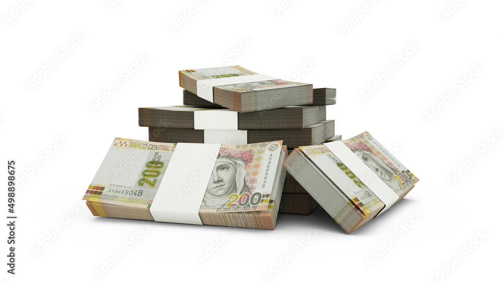 Poster 3d rendering of stack of peruvian sol notes. bundles of peruvian currency notes isolated on white ba