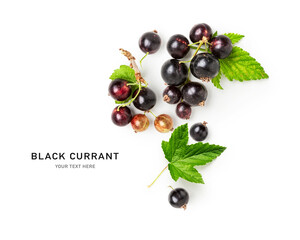 Black currant berry with leaves creative layout.