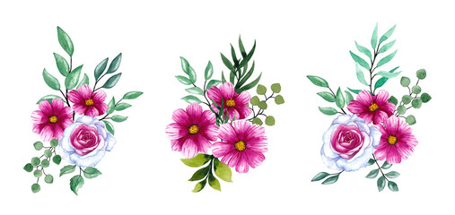 Set of watercolor floral illustrations. Collection of bouquets of bright pink flowers and juicy green leaves. For stationery, congratulations, invitations, postcards.