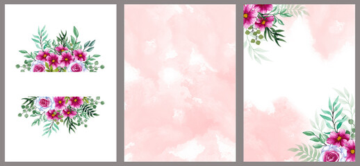 Collection of ready-made templates, postcard frames with bright pink flowers and green leaves. Watercolor hand painting. Decorative card, invitation design background, for notepad design.