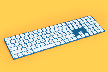 Modern blue aluminum computer keyboard isolated on orange background.