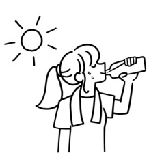 熱中症予防に水を飲む女性の線画イラスト
