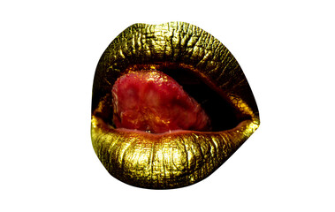 Beautiful lipped woman gold mouth. Sensual golden lips, sexy lip. Woman tongue licking sexy lips. Isolated on white, clipping path.