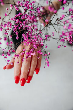 flower, girl, woman, hans, red nails, pink, turned cam