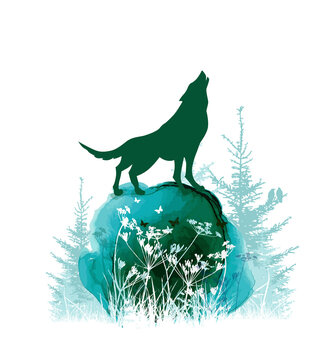 recommend clip art: The wolf howls in the forest on a stone. Vector illustration