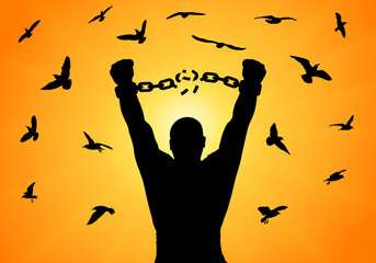 Silhouette of man with raised hands, breaking chain in handscuffs, on background of sunrise and flying birds, concept of freedom. Vector illustration.