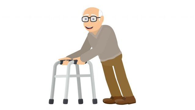 Retired people. Animation of a man with a walker, alpha channel is turned on. Cartoon