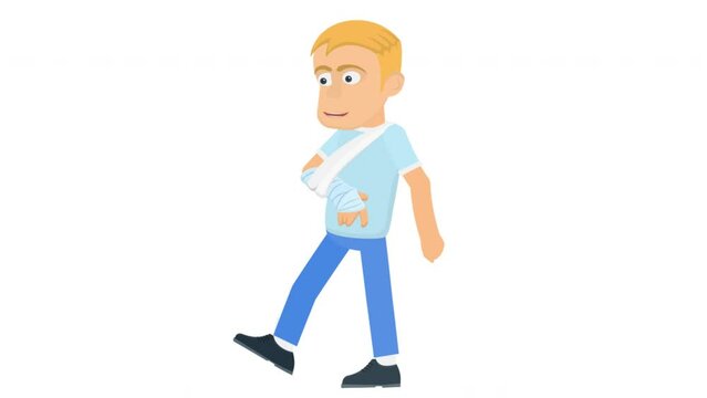 Man with a broken arm. Animation of a plastered hand, alpha channel is turned on. Cartoon