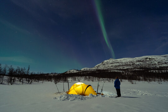 Woman looking at the Nothern lights, aurora borealis, above a tent in Swedish Lapland.