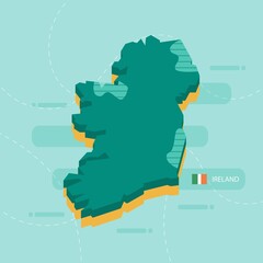 3d vector map of Ireland with name and flag of country on light green background and dash.