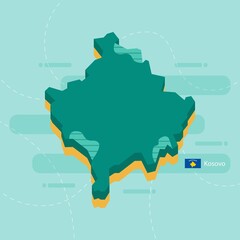 3d vector map of Kosovo with name and flag of country on light green background and dash.