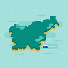 3d vector map of Slovenia with name and flag of country on light green background and dash.