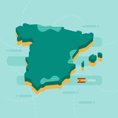 3d vector map of Spain with name and flag of country on light green background and dash.