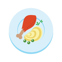 Fried chicken icon. Flat illustration of fried chicken drumstick with mashed potatoes and green peas on a plate isolated on a white background. Vector 10 EPS.