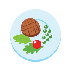 Meat steak icon. Flat illustration of grilled meat steak with salad on a plate isolated on a white background. Vector 10 EPS.