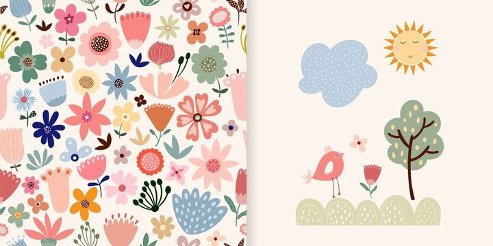 Floral set with seamless pattern and greeting card, spring summer background, wallpaper, seasonal design
