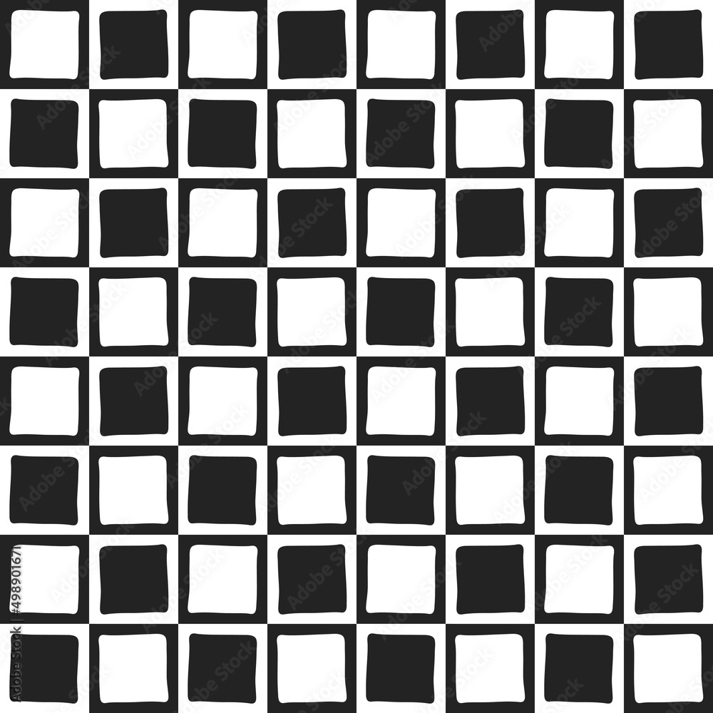 Poster A black and white chessboard with four-point shapes on it. Vector with 8x8 board. Simple monochrome chess board.