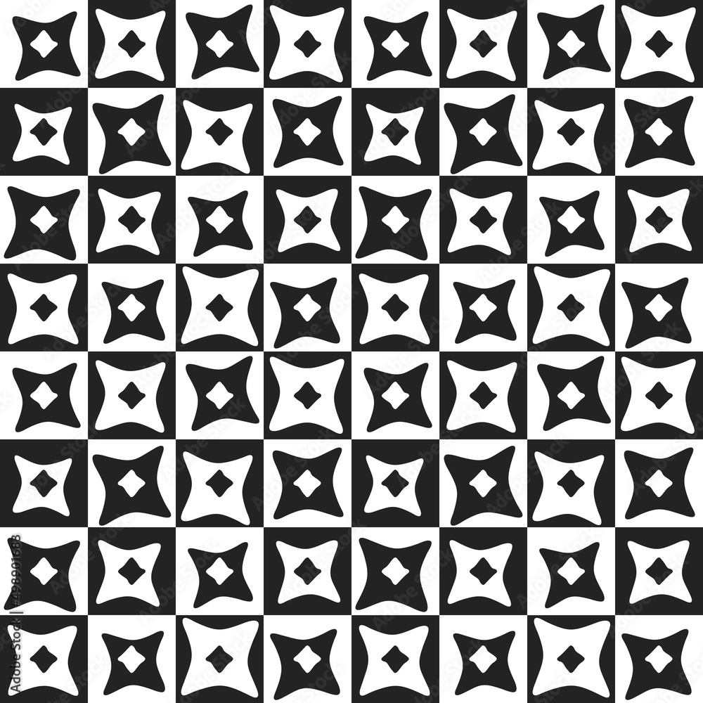 Poster A black and white chessboard with four-point shapes on it. Vector with 8x8 board and shuriken stars inside.