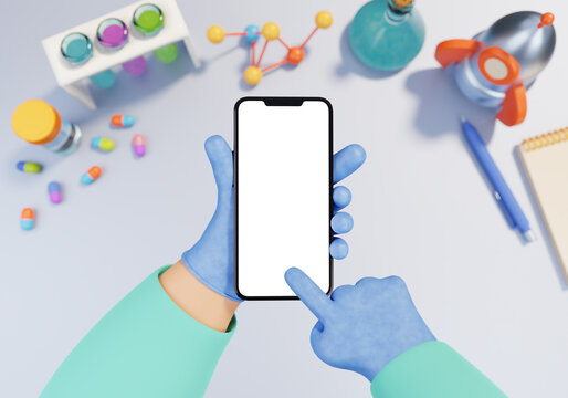 Cartoon doctor 3D hands holding smart phone high quality medical app mock-up illustration.