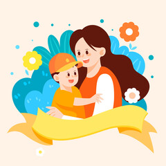 Mother's day mother hugs her little child among flowers with various plants and flowers in the background, vector illustration