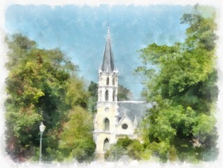 landscape of ancient christ church yellow gothic architecture watercolor style illustration impressionist painting.