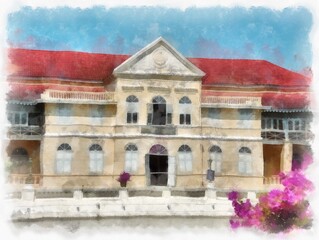 landscape of yellow gothic architecture ancient buildings watercolor style illustration impressionist painting.