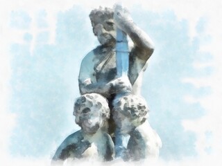 decorative stone statues watercolor style illustration impressionist painting.