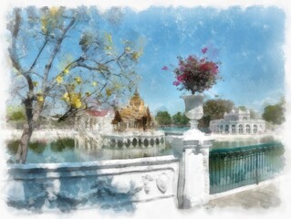 The landscape of Bang Pa In Palace Thailand watercolor style illustration impressionist painting.