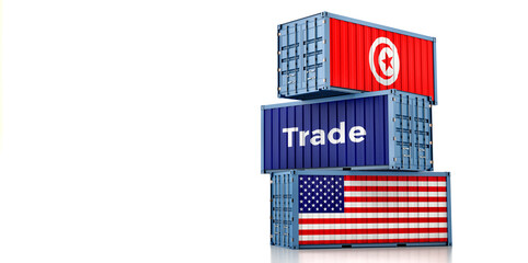 Cargo containers with USA and Tunisia national flags. 3D Rendering