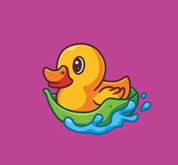 cute yellow duck using a leaf as boat to swim. isolated cartoon animal nature illustration. Flat Style Sticker Icon Design Premium Logo vector. Mascot Character