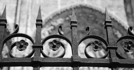Forging fence of Cathedral in Chartres, France. Selective focus on the flowers. Black white ...