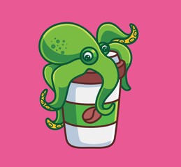 cute octopus above of coffee paper glass. isolated cartoon animal nature illustration. Flat Style Sticker Icon Design Premium Logo vector. Mascot Character