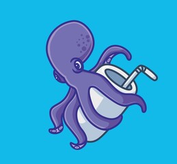Cute purple octopus drink on glass with straw. isolated cartoon animal nature illustration. Flat Style Sticker Icon Design Premium Logo vector. Mascot Character