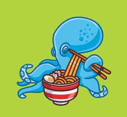 cute octopus eating noodle using chopstick. isolated cartoon animal nature illustration. Flat Style Sticker Icon Design Premium Logo vector. Mascot Character
