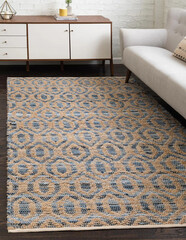Modern living area floor rug interior room jute rug texture design.
