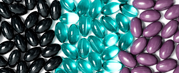 Medicinal capsules for female and male health, biodegradable supplements and vitamins for heart health and contraceptives isolated on white background, pills and medications