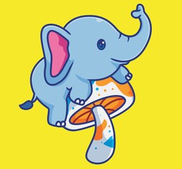 cute elephant climb the giant mushroom colorful. isolated cartoon animal illustration. Flat Style Sticker Icon Design Premium Logo vector. Mascot Character