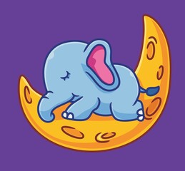 cute elephant sleep on the moon. isolated cartoon animal illustration. Flat Style Sticker Icon Design Premium Logo vector. Mascot Character