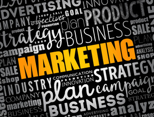 MARKETING - activities a company undertakes to promote the buying or selling of a product or service, word cloud concept background