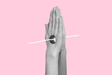Modern surreal poster of human palms pray for ukraine connected with line isolated on pastel pink...