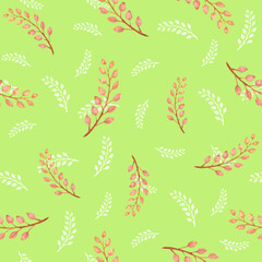 Watercolor pattern pink leaves on a green background