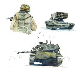 Modern Russian military equipment. Watercolor hand drawn illustration. 