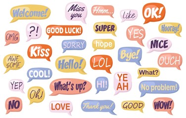 Cute speech bubble doodle set. Dialog words, hand-drawn doodle-style elements: Hello, Love, Sorry, Love, Kiss, Bye. Modern vector illustration.