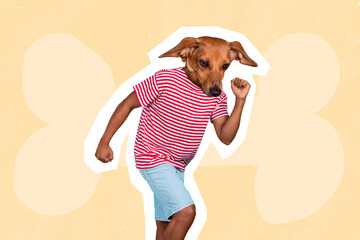 Artistic vintage sketch of guy with doggy head running fast isolated on yellow pastel color...