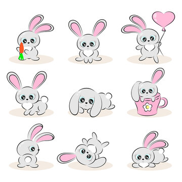 Set of cute bunnies in different poses, collection to use as a print for textiles, packaging, postcard, vector