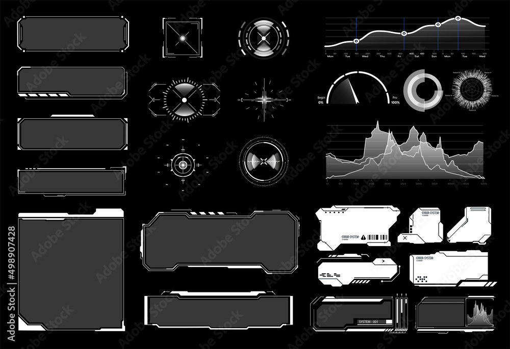 Poster a set of sci-fi modern user interface elements such as sight, frame, button, diagrams, graphs. futur