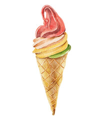 Watercolor wafefle cone ice cream hand drawn illustration